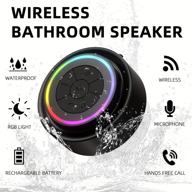 Waterproof Bluetooth Shower Speaker with LED, IPX4 Portable Wireless Hands-Free Mini Speaker, Built-in Mic, Suction Cup