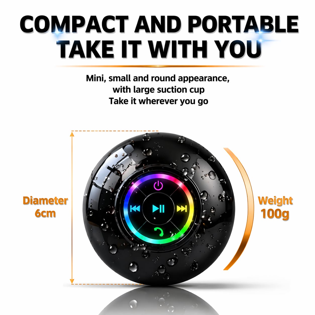 Waterproof Bluetooth Shower Speaker with LED, IPX4 Portable Wireless Hands-Free Mini Speaker, Built-in Mic, Suction Cup