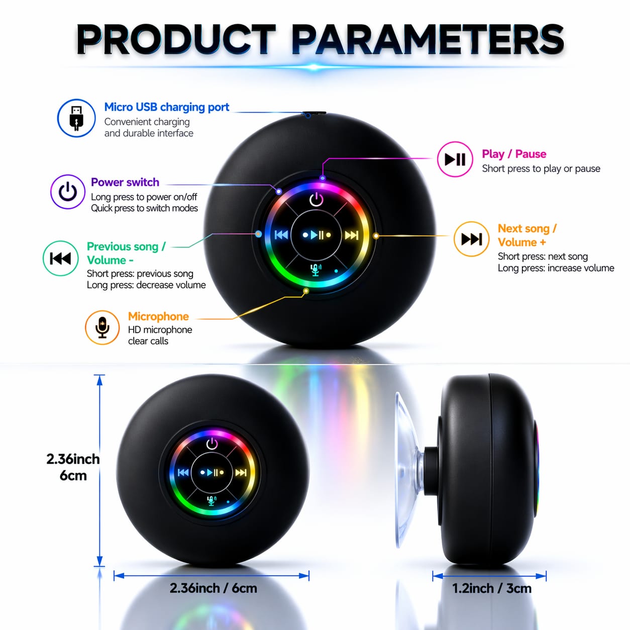 Waterproof Bluetooth Shower Speaker with LED, IPX4 Portable Wireless Hands-Free Mini Speaker, Built-in Mic, Suction Cup