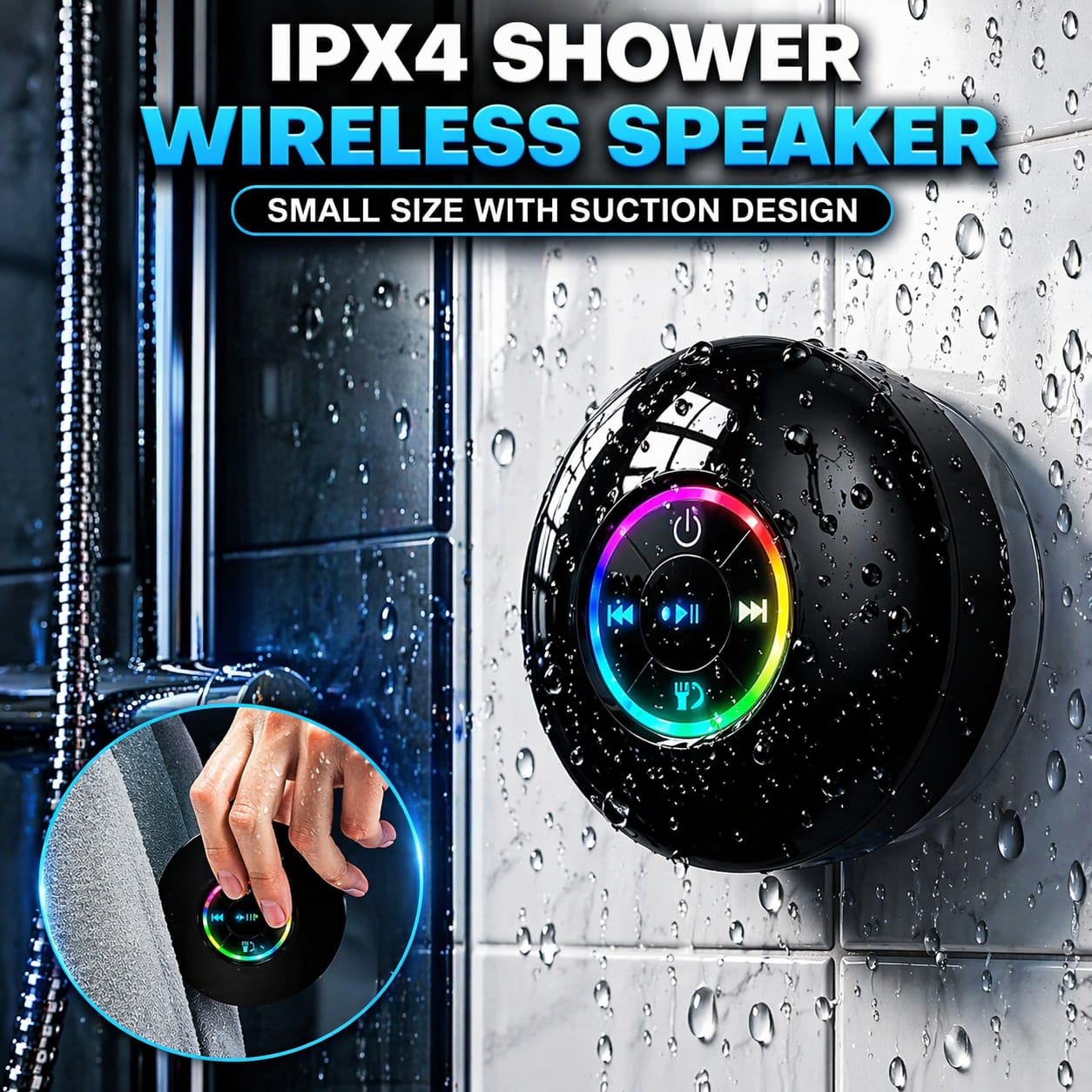 Waterproof Bluetooth Shower Speaker with LED, IPX4 Portable Wireless Hands-Free Mini Speaker, Built-in Mic, Suction Cup